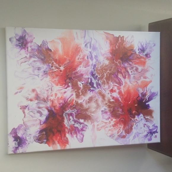 Orange and Violet Floral Pour Painting on Canvas - Picture 1 of 7